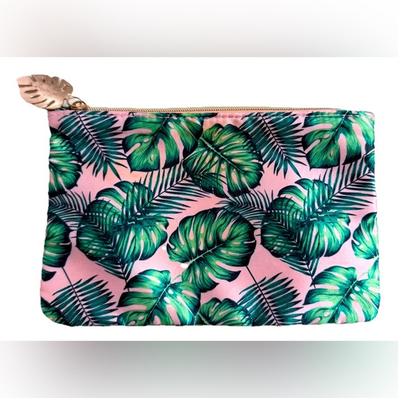 Ipsy Glam Bag Tropical Palm Leaf Makeup Bag Green Pink Cosmetic Pouch Travel - Picture 1 of 6